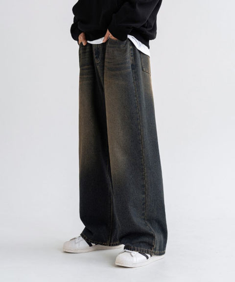 [Fleece-lined] Vintage Cat-Wash Wide Denim Pants [Yellow Wash]