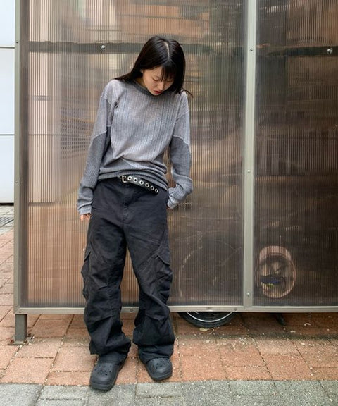 Waved Panel Long Sleeve T-Shirt — snap 703