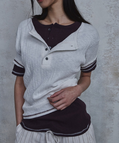 Slub Layered Henley Knit Top — gallery 1046