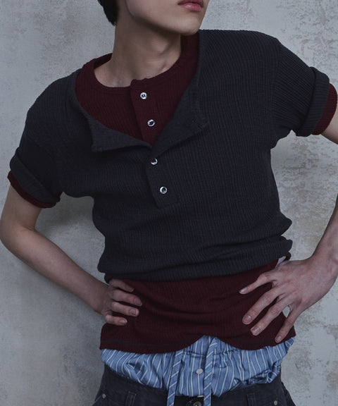 Slub Layered Henley Knit Top — gallery 1077