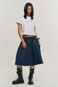 Pleated Denim Midi Skirt