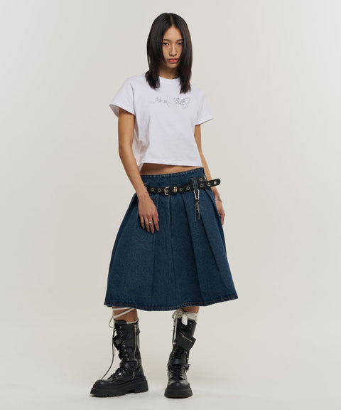 Pleated Denim Midi Skirt