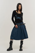 Pleated Denim Midi Skirt