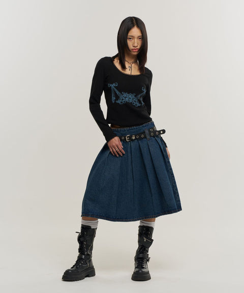 Pleated Denim Midi Skirt